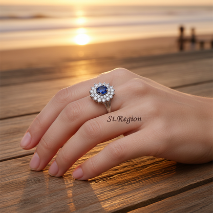 Cubic Zirconia & Navy Crystal Flower Halo Ring