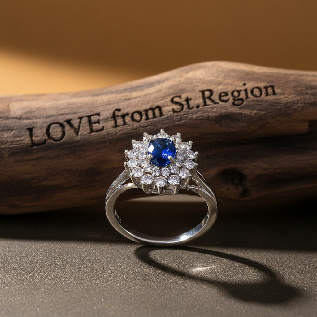 Cubic Zirconia & Navy Crystal Flower Halo Ring
