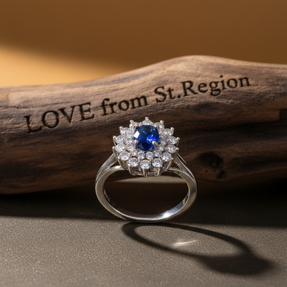 Cubic Zirconia & Navy Crystal Flower Halo Ring