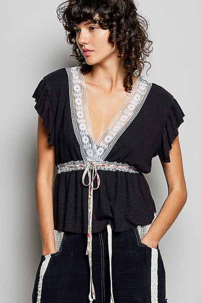 POL Tied Ruffled V-Neck Short Sleeve Blouse with Lace Detail in Black