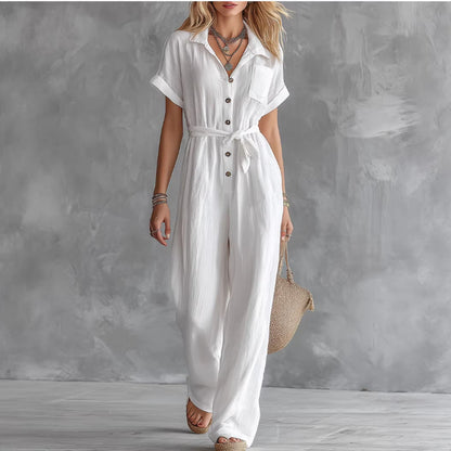Women's Loose V-Neck Lace-Up Pocket Jumpsuit