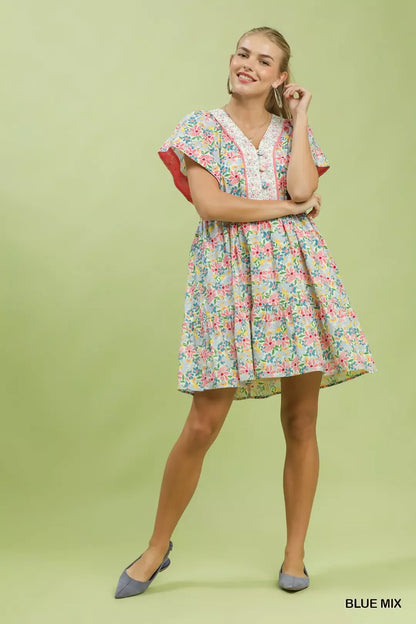 Umgee Mix Floral Tiered Mini Dress with Side Pockets