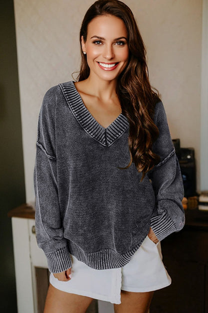Four Leaf Clover Mineral Wash V Neck Knit Exposed Seam Drop Shoulder Loose Sweater