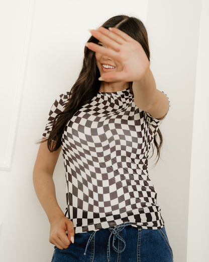 Sheer Checkered Mock Neck Mesh Short Sleeve