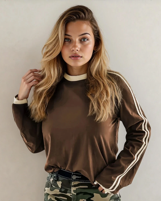 Malani Varsity Striped Crew Neck Long Sleeve Top - Dark Brown