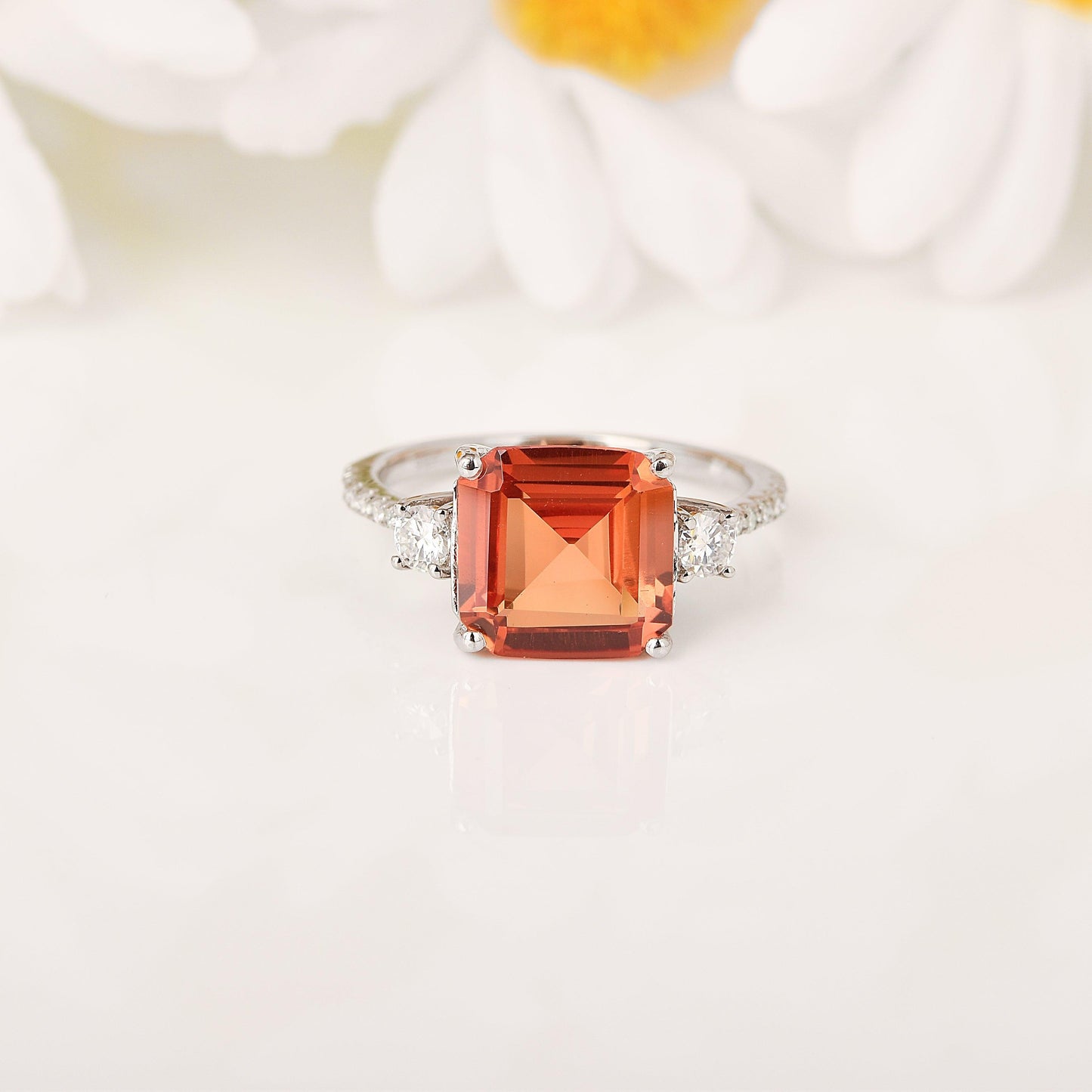 3.71 Ct Square Lab Created Peach Sapphire and Moissanite Prong Silver Three Stone Ring