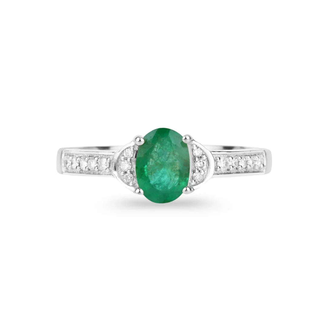 0.72 Ct Oval Green Zambian Emerald Diamond Prong 10k Gold Pave Bridge Ring