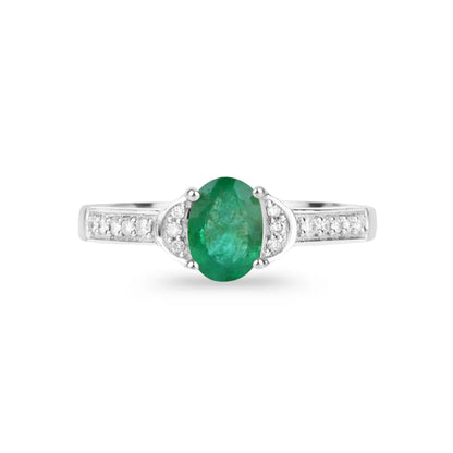 0.72 Ct Oval Green Zambian Emerald Diamond Prong 10k Gold Pave Bridge Ring