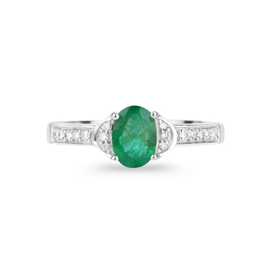 0.72 Ct Oval Green Zambian Emerald Diamond Prong 10k Gold Pave Bridge Ring