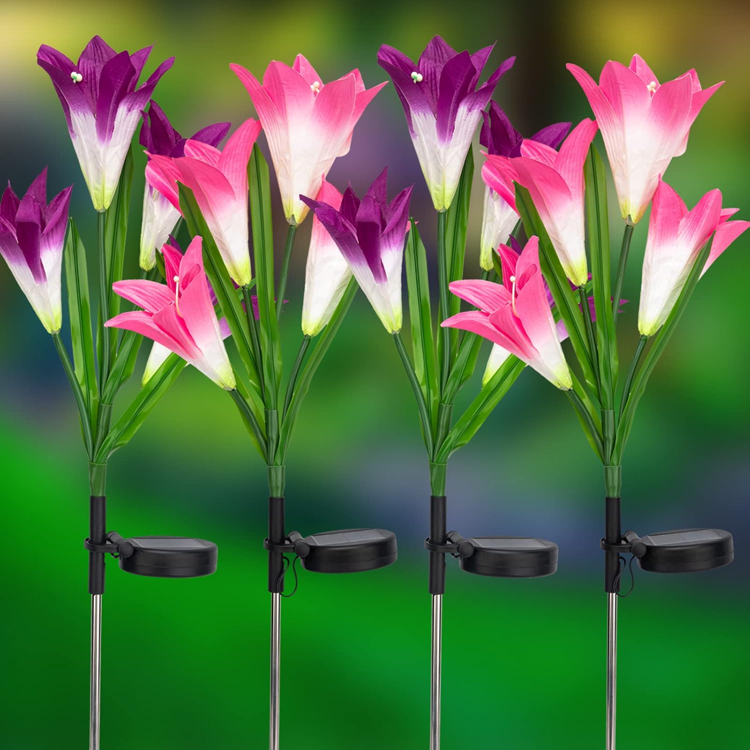 solar powered lily flower lights 4-Pack Solar Powered Garden Flowers with Lights