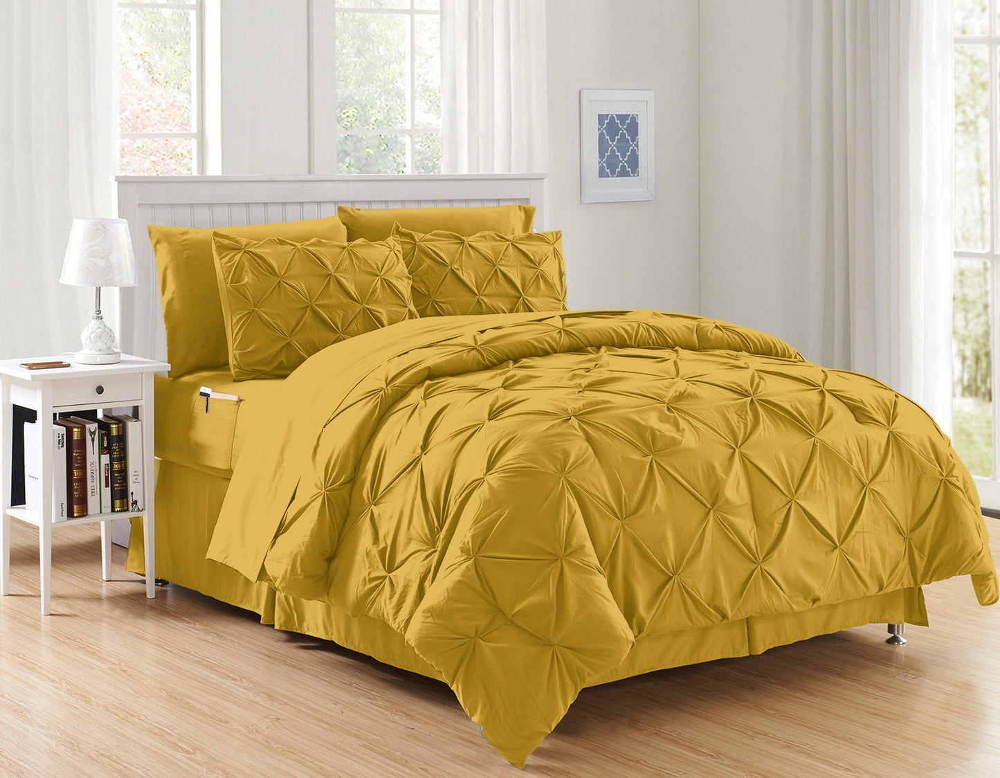 Elegant Comfort 8-Piece Pintuck Pinch Pleated Comforter Set - Includes 4-Piece Sheet Set with Double Sided Storage Pockets