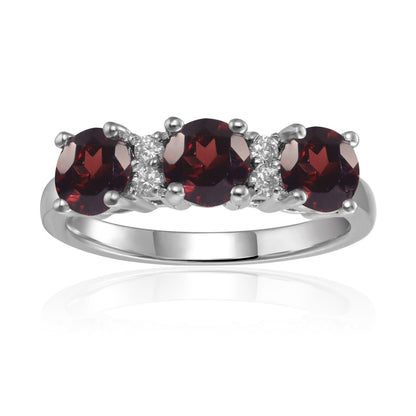 1.7 Ct Round Red Garnet Prong Silver Three Stone Ring