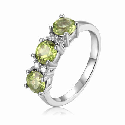 1.8 Ct Round Olive Green Peridot Prong Silver Three Stone Ring