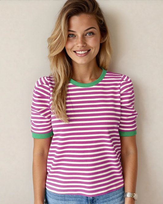 Kimberly Stripe Short Puff Sleeve Contrast Trim Round Neck Tee