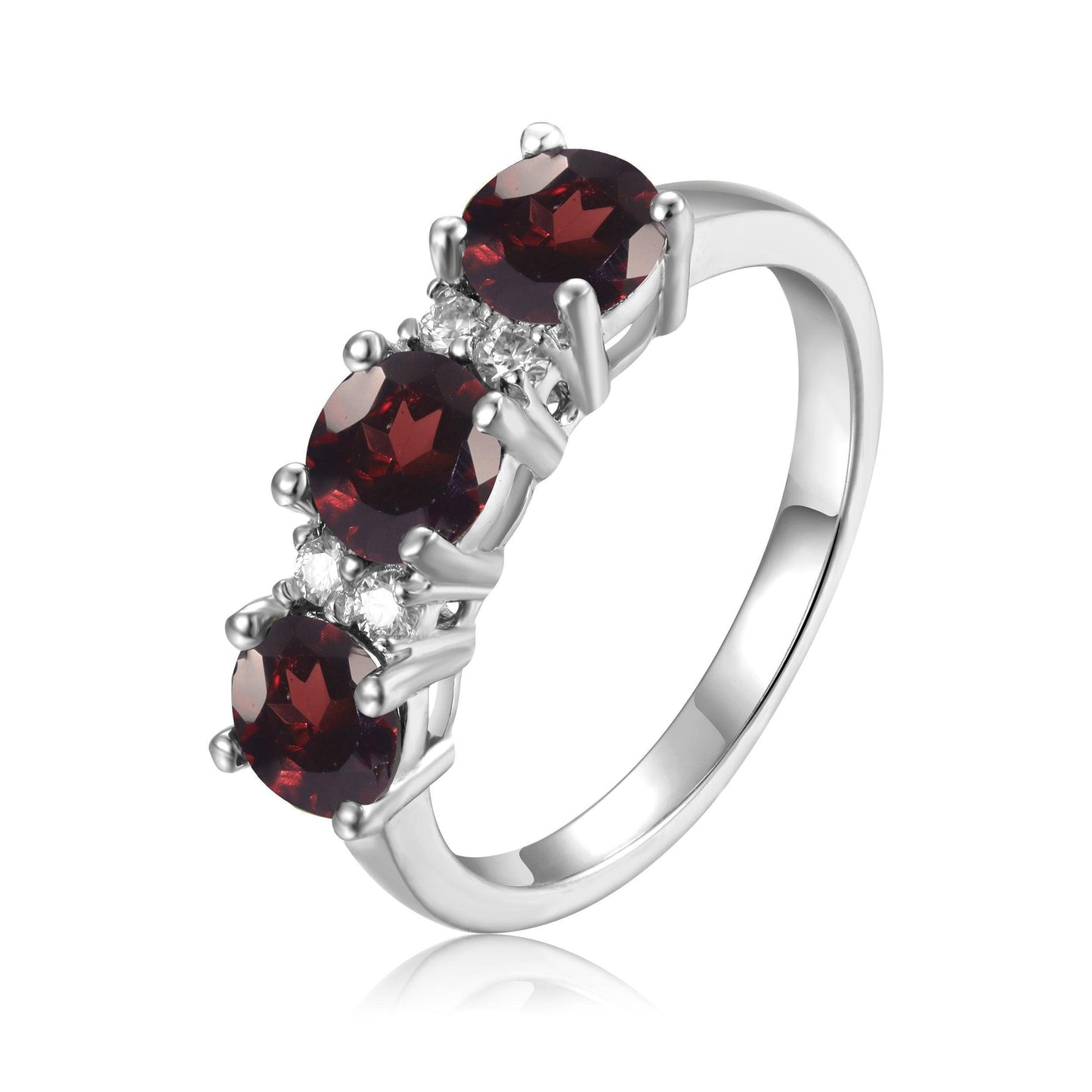 1.7 Ct Round Red Garnet Prong Silver Three Stone Ring
