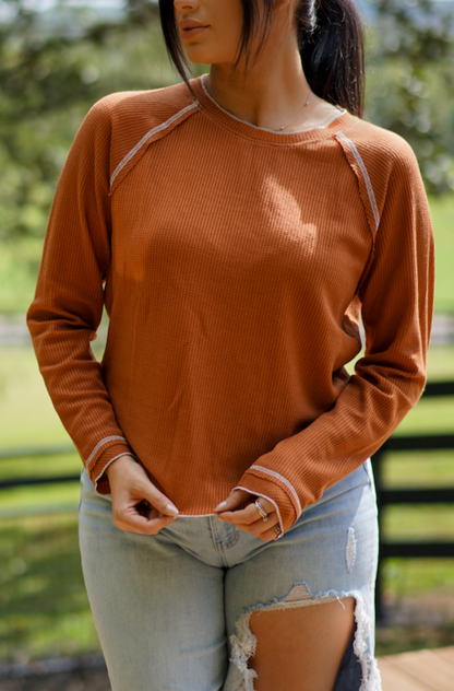 Threaded Pear Cataleya Textured Round Neck Long Sleeve Top