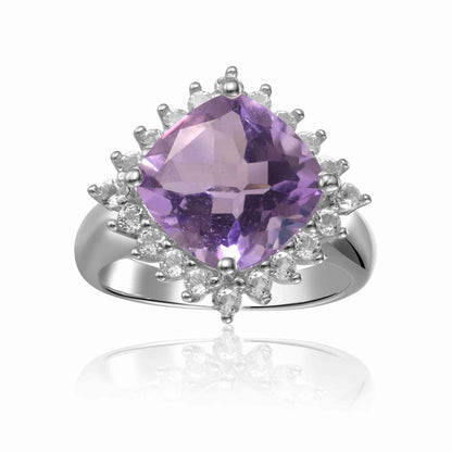 3.65 Ct Cushion Pink Amethyst Prong Silver Checkerboard Statement Ring