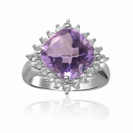 3.65 Ct Cushion Pink Amethyst Prong Silver Checkerboard Statement Ring