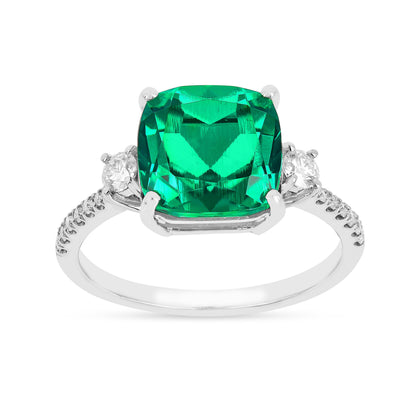 3.70 Ct Octagon Green Colombian Lab Created Emerald and Moissanite Prong Silver Three Stone Statement Ring