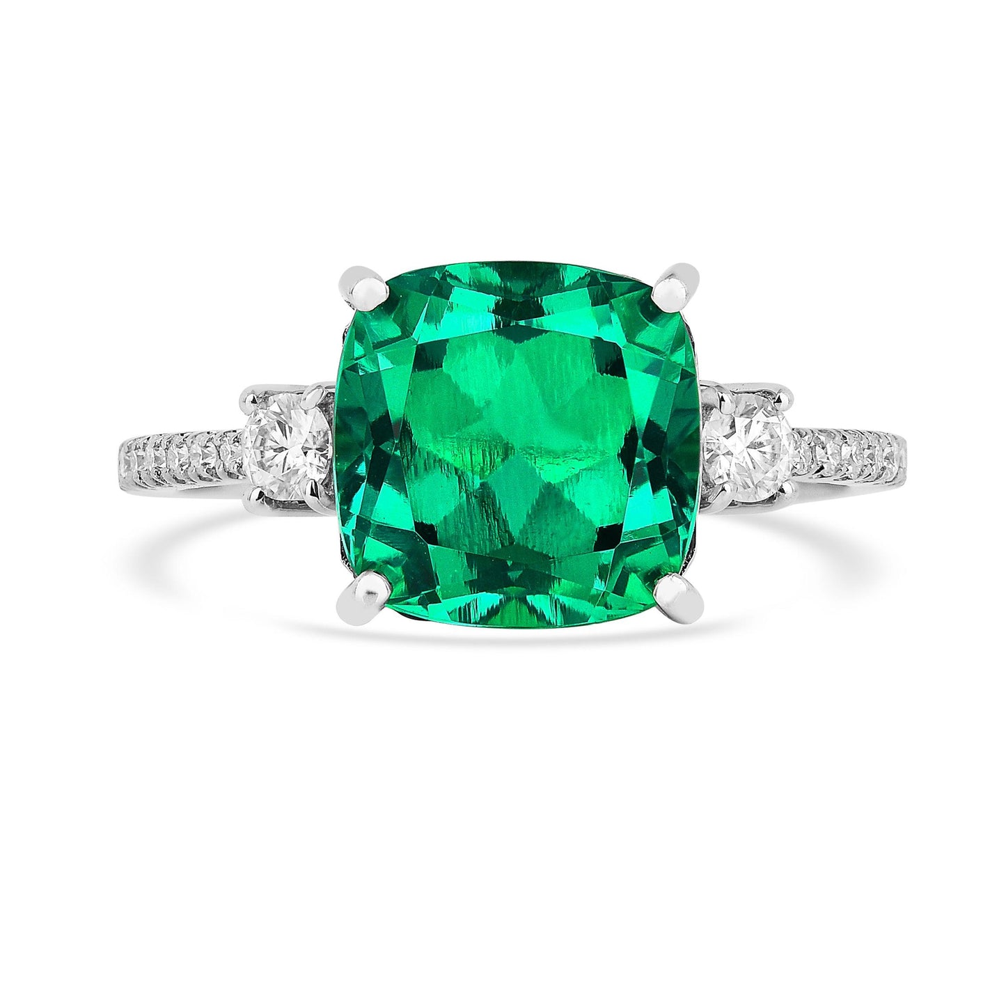 3.70 Ct Octagon Green Colombian Lab Created Emerald and Moissanite Prong Silver Three Stone Statement Ring