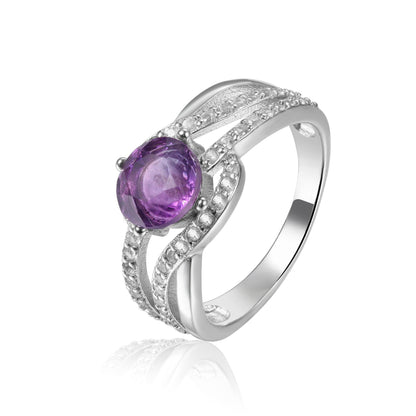 0.98 Ct Round Purple Amethyst and White Sapphire Prong Silver Cocktail Ring