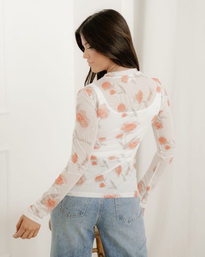 Malani Neck Floral Print Mesh Long Sleeve Top
