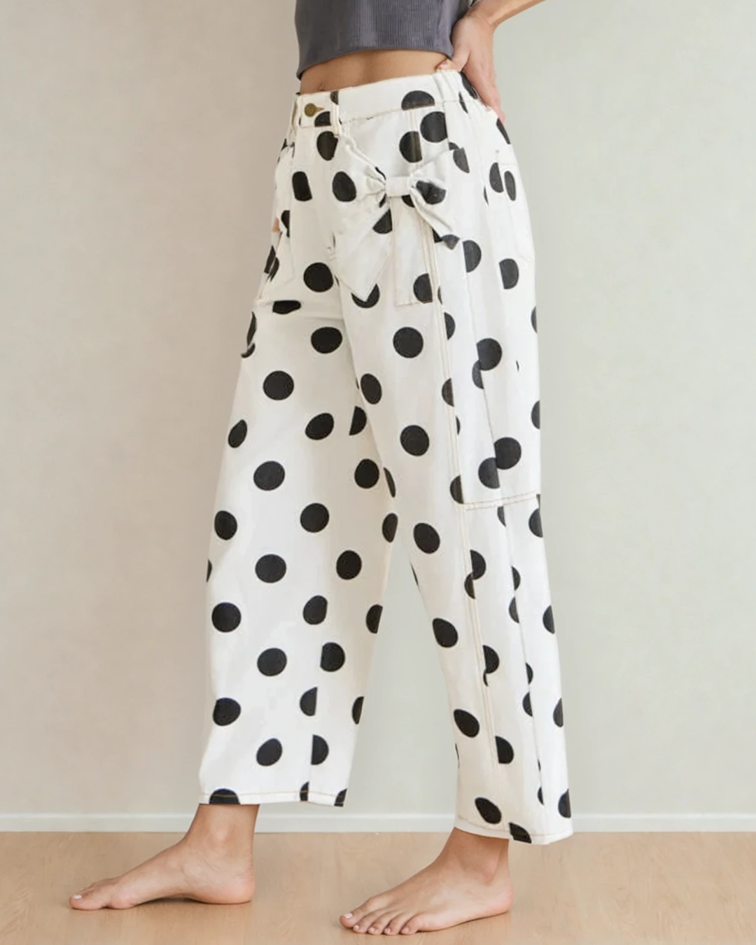 Polka Dot Print Bow Detail Pocketed Jeans