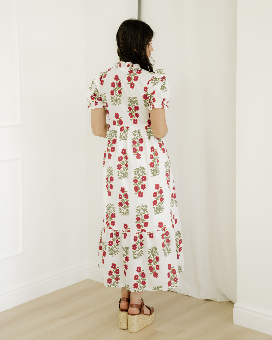 Kali Floral Short Bubble Sleeve Tiered Maxi Dress - Beige
