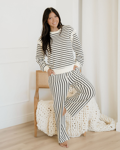 Talia Stripe Ruffle Trim Drop Shoulder Top Drawstring Loose Pant Set