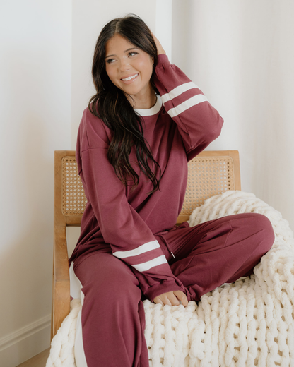 Jordyn Varsity Stripe  Drawstring Wide Leg Pant Set - Mineral Red