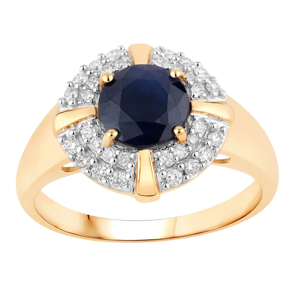 1.48 Ct Round Blue Sapphire Diamond Prong 10k Gold Halo Statement Ring