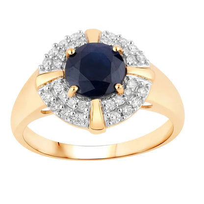 1.48 Ct Round Blue Sapphire Diamond Prong 10k Gold Halo Statement Ring