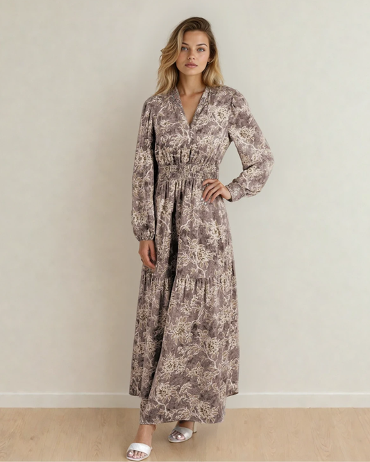 Brianna Floral Print Smocked High Waist Long Sleeve Maxi Dress - Brown