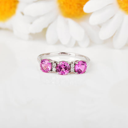 1.65 Ct Round Pink Sapphire Prong Silver Three Stone Ring