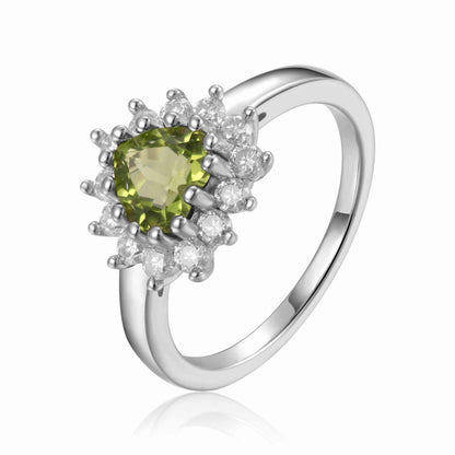 1.30 Ct Heart Olive Green Peridot and White Topaz Prong Silver Halo Ring