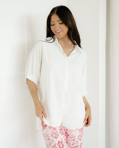 Wrenlee Plain 3/4 Batwing Sleeve Oversize Button Up Blouse - White