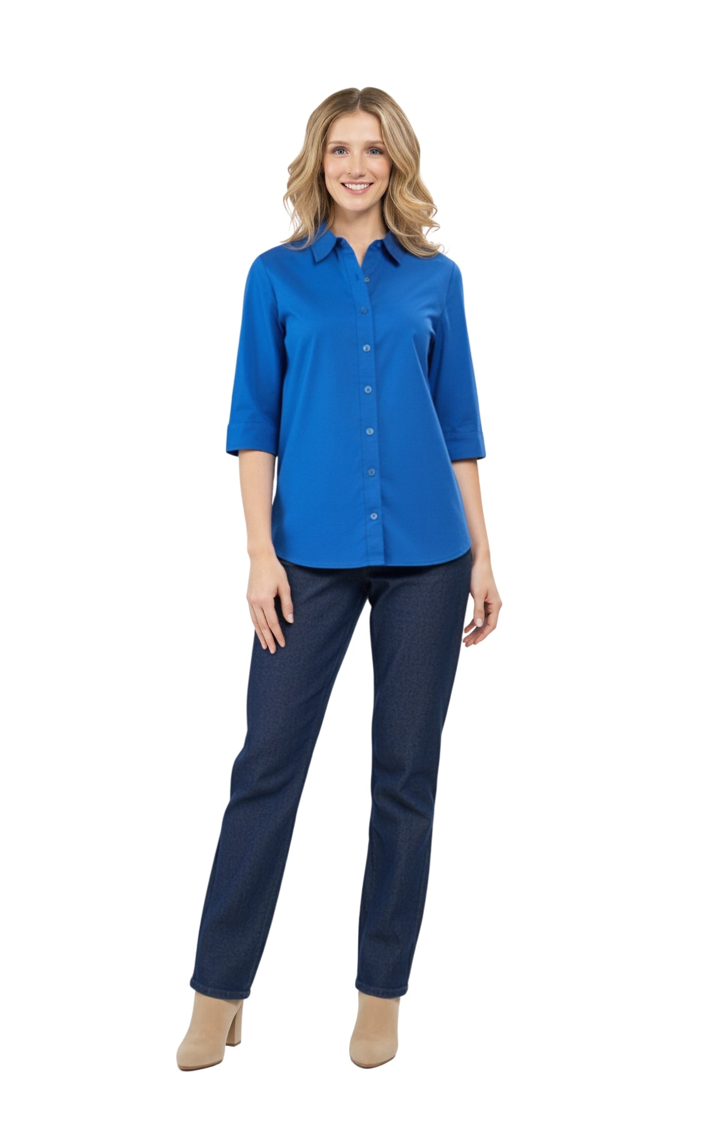 Womens Regular Fit 3/4 Sleeve Button Down Collared Camp Shirt