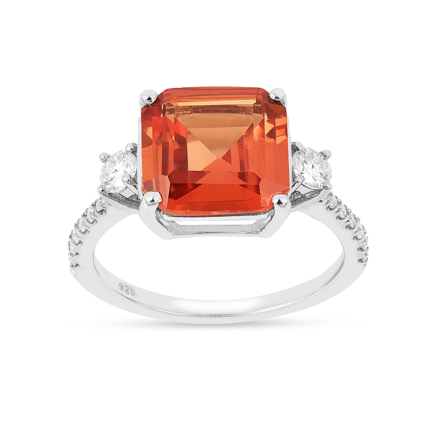 3.71 Ct Square Lab Created Peach Sapphire and Moissanite Prong Silver Three Stone Ring