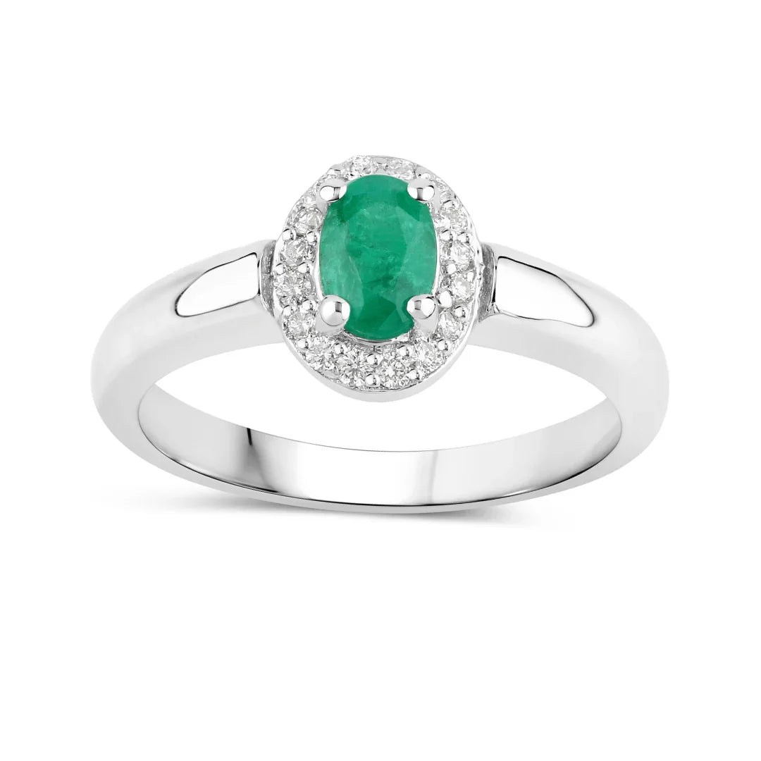 0.44 Ct Oval Green Zambian Emerald & Lab Grown Diamond Prong Silver Halo Engagement Ring