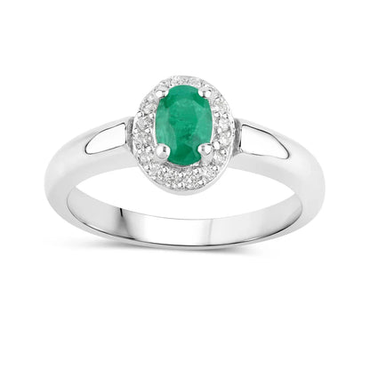 0.44 Ct Oval Green Zambian Emerald & Lab Grown Diamond Prong Silver Halo Engagement Ring