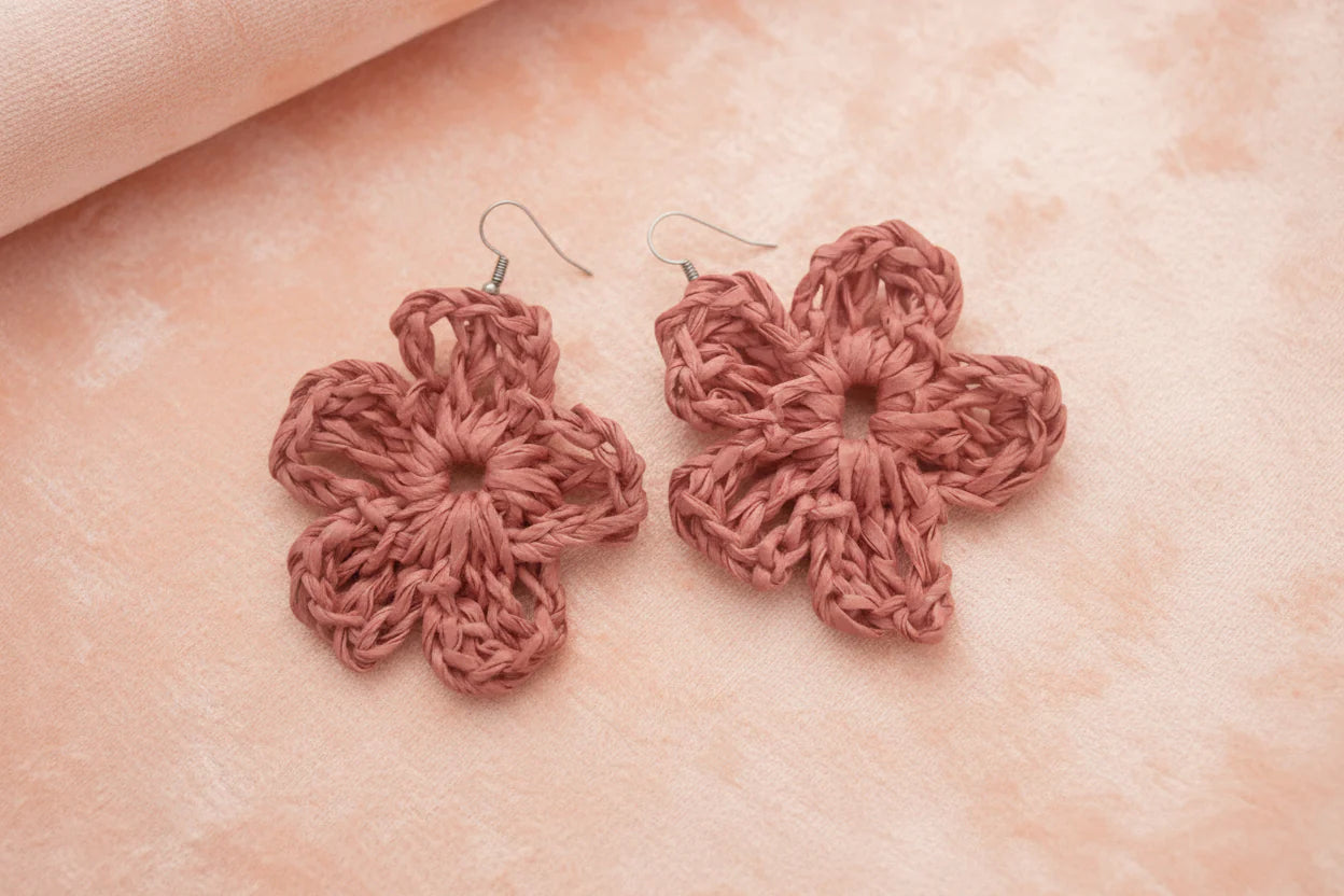 Women’s Handmade Raffia Flower Earrings – Crochet Boho Dangle Design