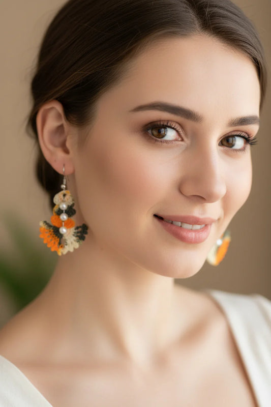 Women’s Handmade Fan-Shaped Pearl Bead Earrings – Beaded Crochet Design