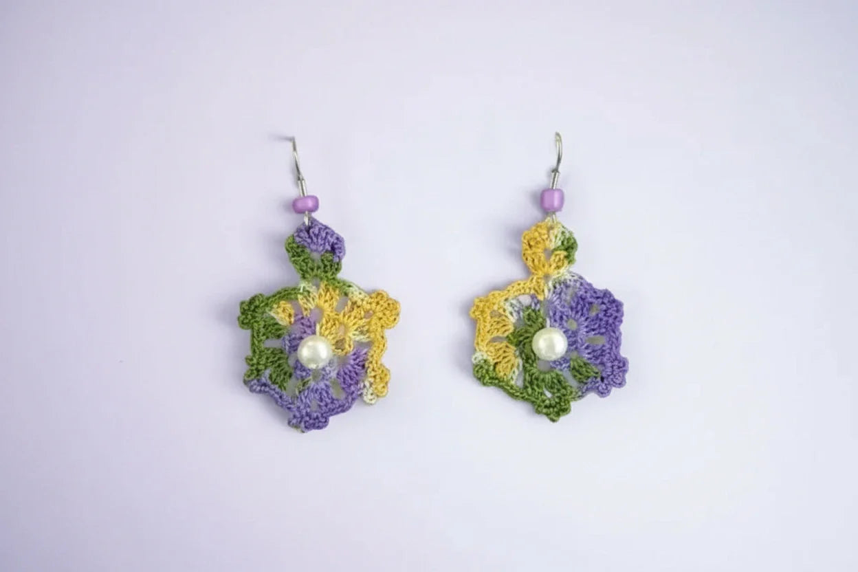 Women’s Handmade Vintage Crochet Fan Earrings – Pearl Bead Boho Style
