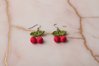Handmade Cherry Oya Needle Lace Earrings for Women – Boho Style