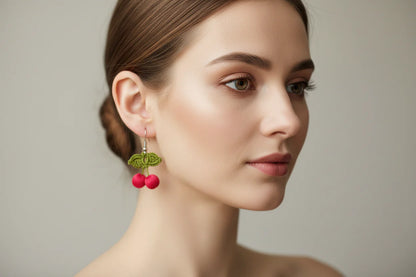 Handmade Cherry Oya Needle Lace Earrings for Women – Boho Style