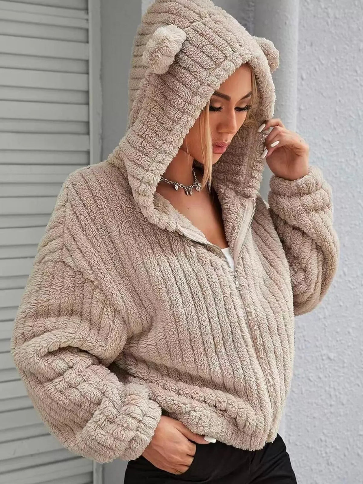 Teddy Bear Ear Hooded Fleece Outerwear