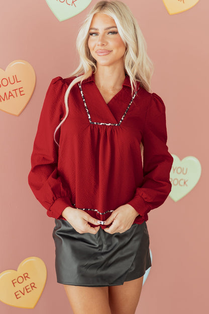 Threaded Pear Alma Contrasted Trim Textured Blouse