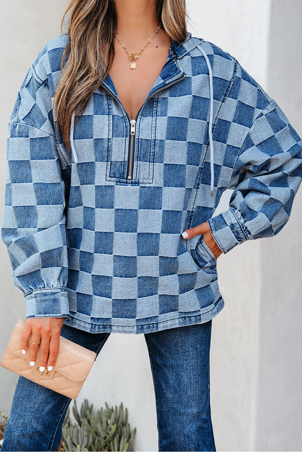 Threaded Pear Taracella Checkerboard Zipped Kangaroo Hoodie