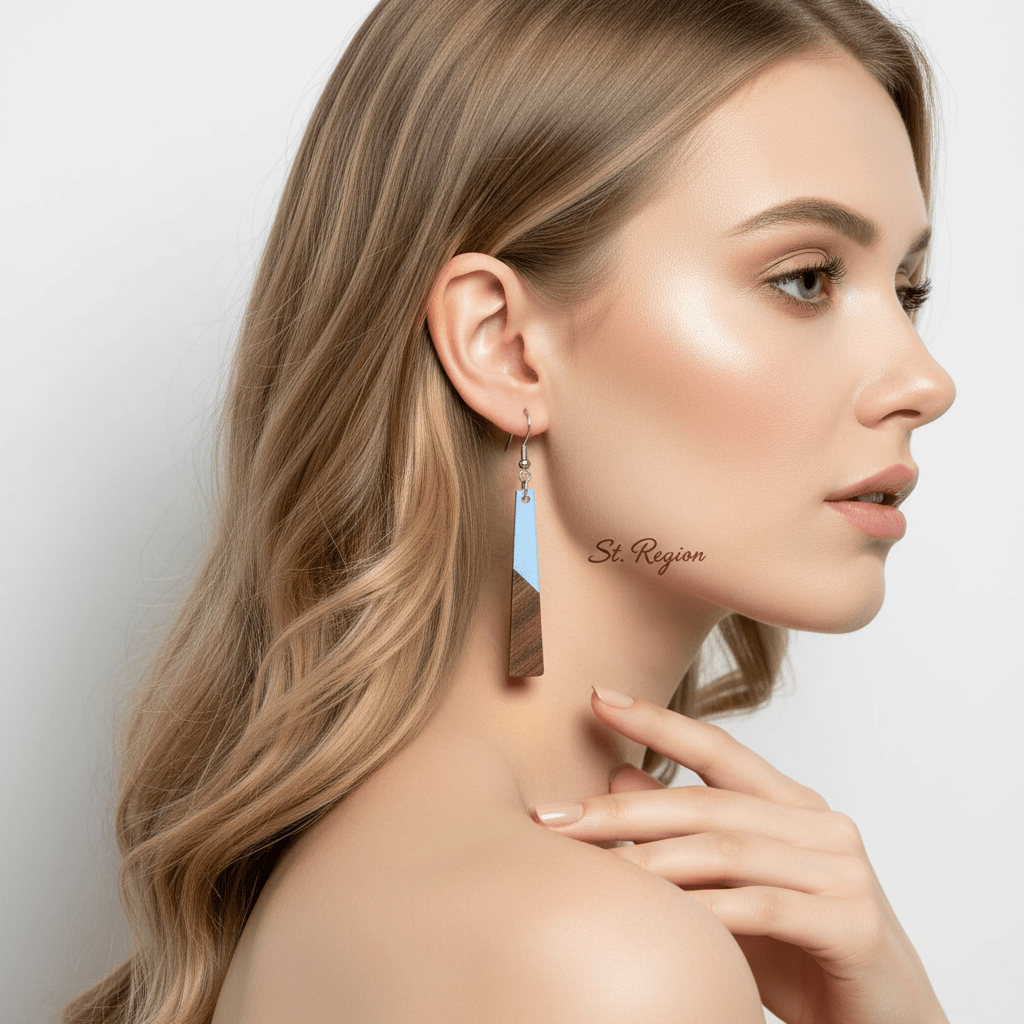 Blue Resin & Wood Silvertone Elongated Trapezoid Hook Earrings