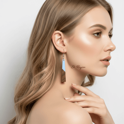 Blue Resin & Wood Silvertone Elongated Trapezoid Hook Earrings